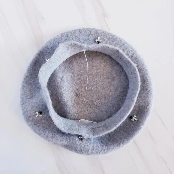 Chico's Rhinestone Bee Beret Hat Gray Grey Slate One Size Wool Blend - Picture 3 of 7